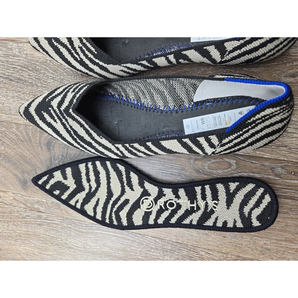 Rothy's The Point Flats Black Cream Zebra Print Women's Size 8